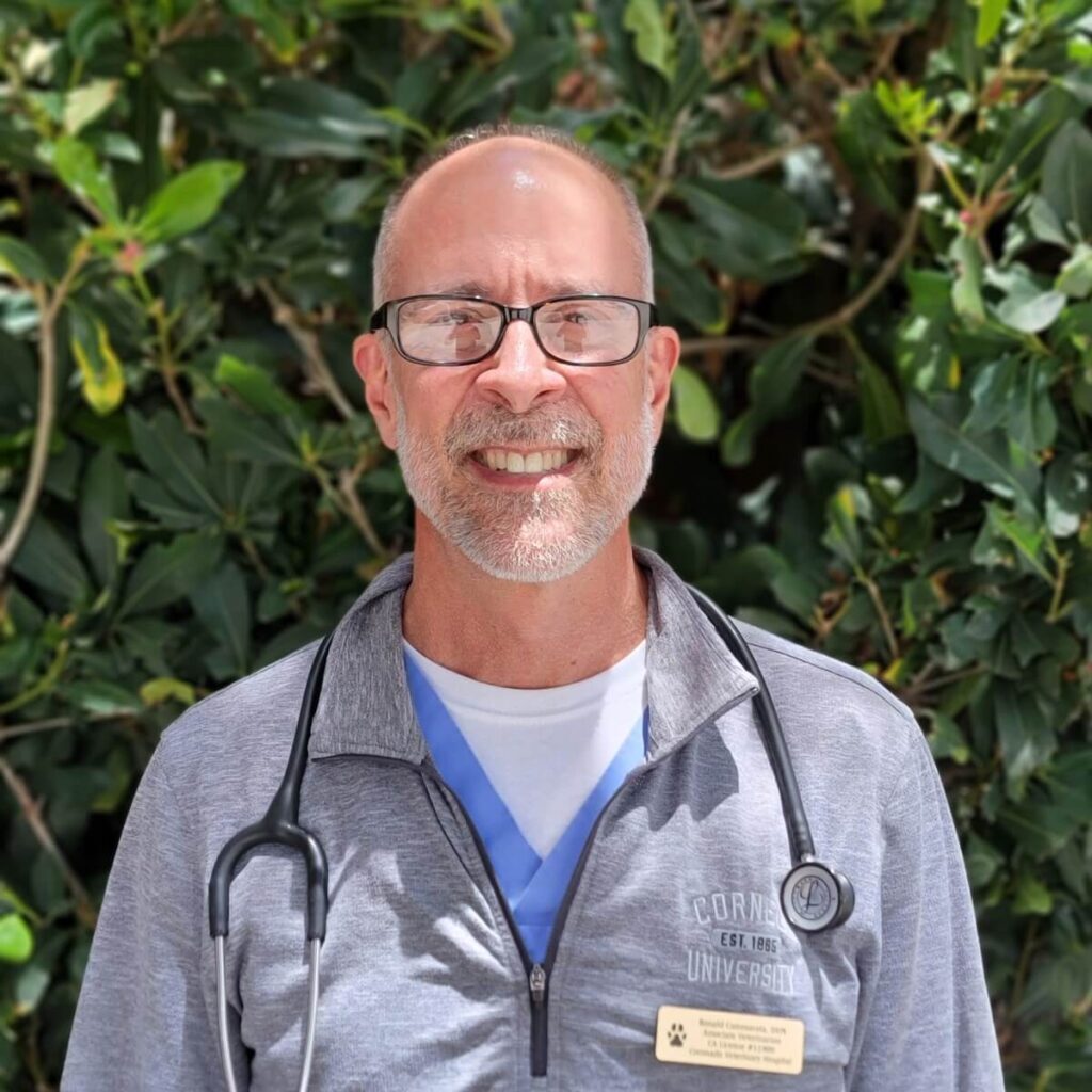 Dr. Ron Cammarata Male doctor wearing glasses and a stethoscope posing in front of a bush